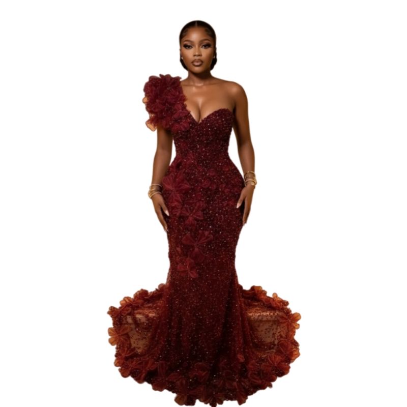 Glitter One Shoulder Sequined Mermaid Prom Dresses Backless 3D Floral Appliques Burgundy Long Reception Dress Pageant Evening Gowns - view 5