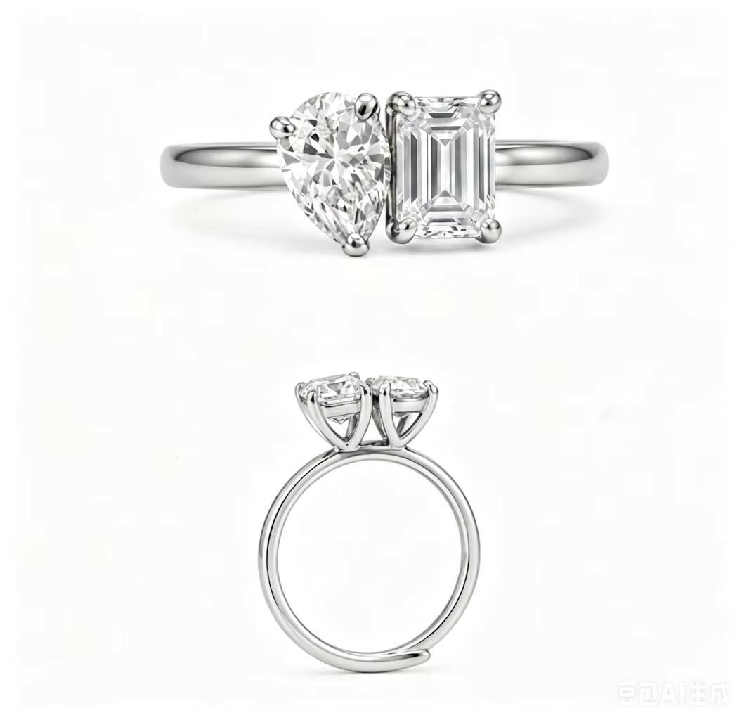 Classic Design Pear Emerald Cut Moissanite Two Stone Sterling Silver Ring for Wedding - view 5