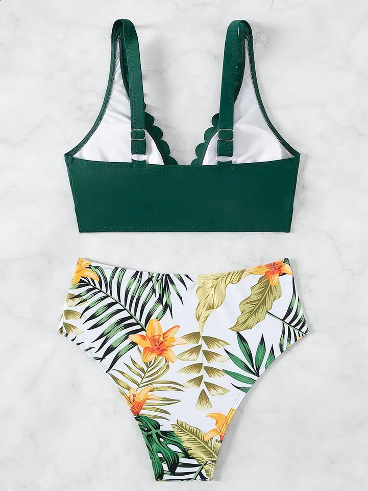 Womens Scalloped Edge Bikini Set V Neck Crop Top with High Waist Tropical Print Bottom Two Piece Swimsuit for Beach Vaca 260625 - view 5