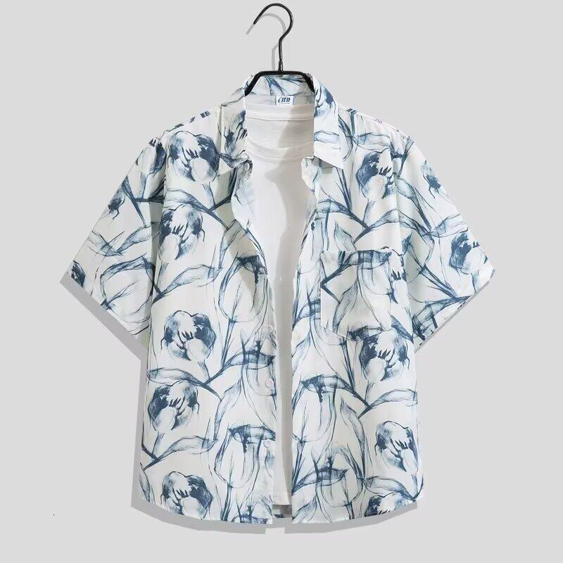 Vintage floral shirt for men and women Hawaiian style casual and stylish loose-fitting couples top beach ice silk shirt - view 8