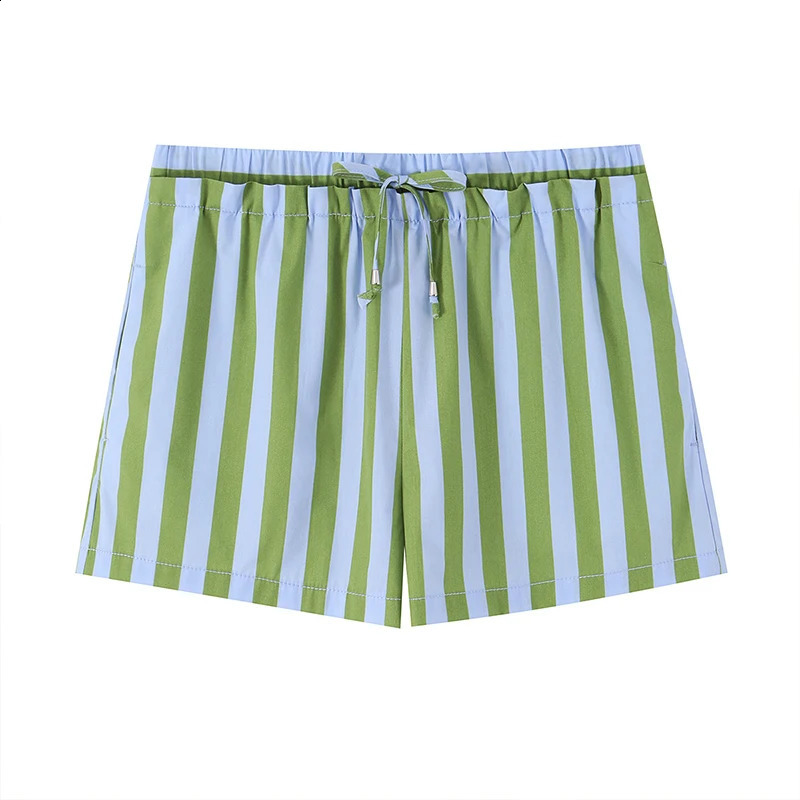 Willshela Women Fashion Green Striped Drawstring Mini Shorts Vintage High Elastic Waist Female Chic Lady 260626