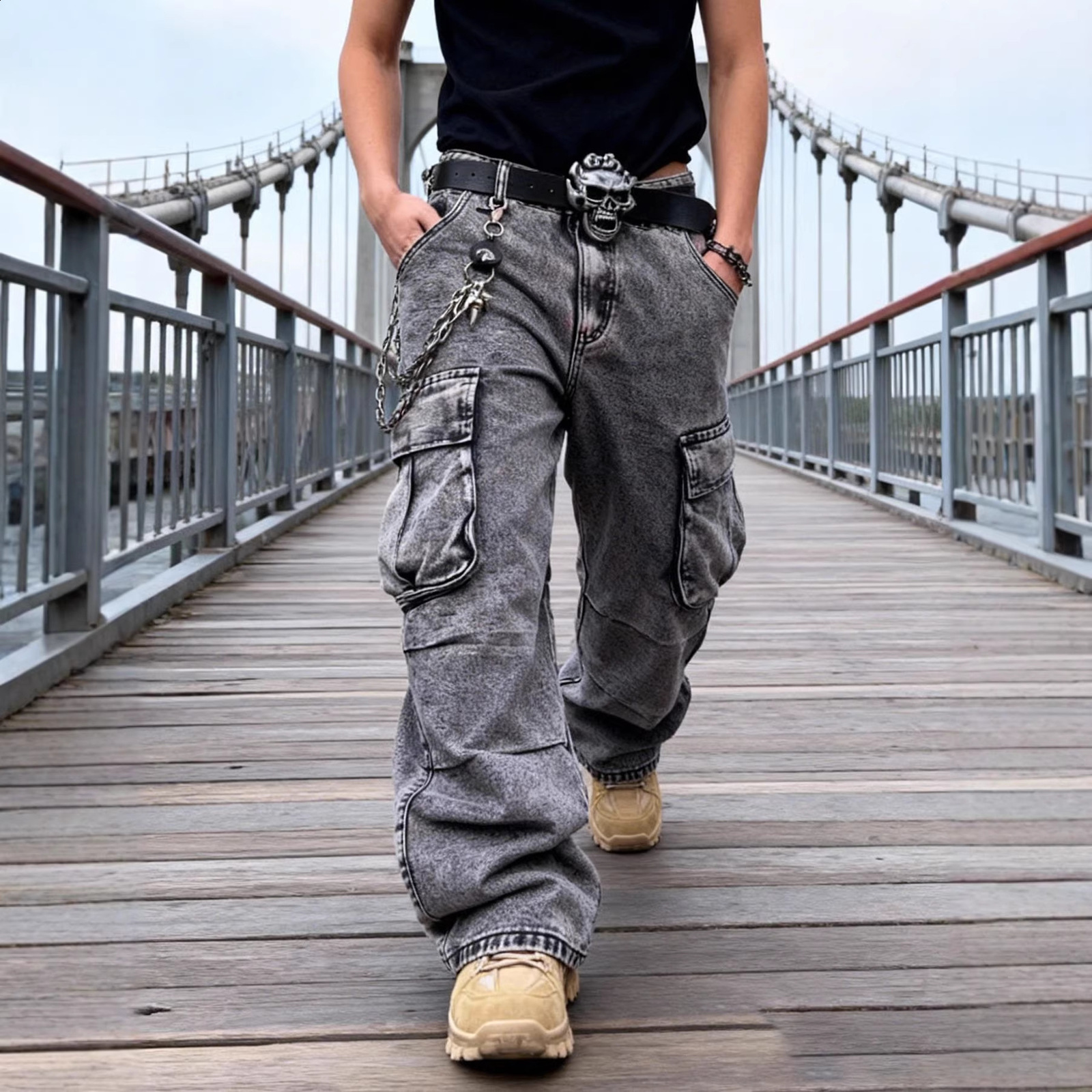 Multipocket workwear jeans for men American style trendy high street loose fit hiphop wideleg straight pants 240819