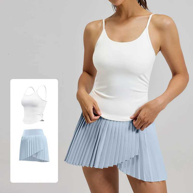 2 Womens 2026 Piece New Yoga Sets Fixed Shockproof Bra Pads U-Neck Tank Top Pleated Tennis Skirt High Stretch Casual Sportswear M260626 - view 3