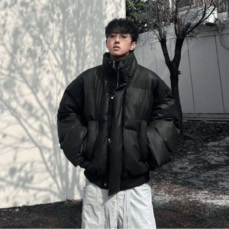 Outdoor Water-Resistant Men's Winter Short Puffer Jacket - Black (Khaki/Beige) M-4XL PU Leather Trim | Boxy Cropped Fit J260626 - view 1