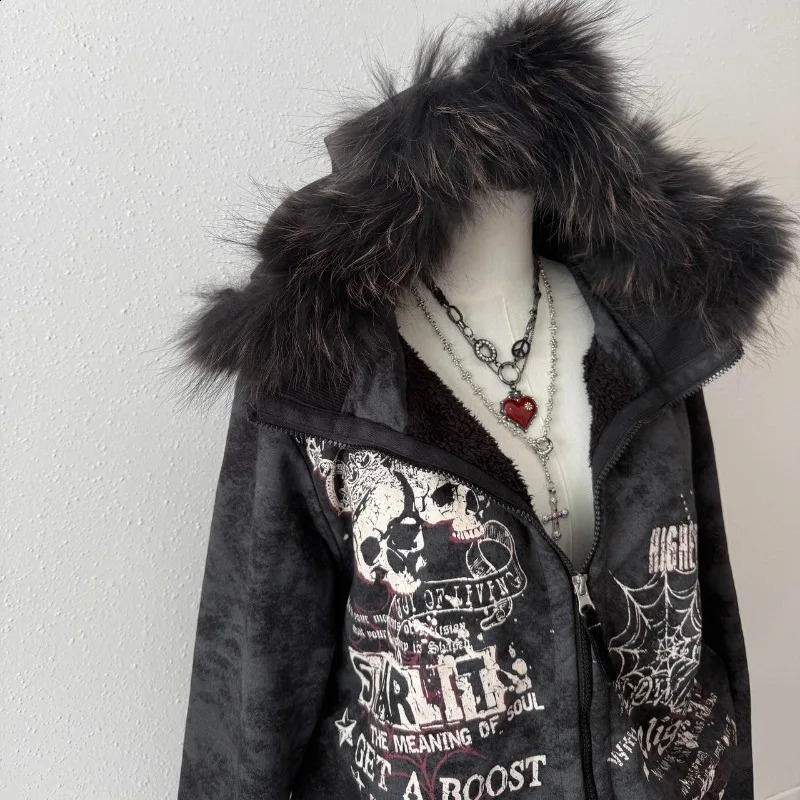 American Fashion Skull Print Hoodie Women Y2K Vintage Rock Hip Hop Gothic Casual Joker Plus Velvet Padded Sweater 260626