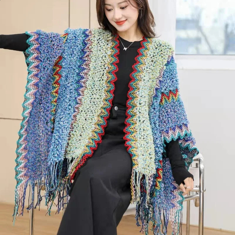 Ethnic Style Cape Oversized Sweater Jacket Women Fashion Loose Patchwork Warm Long Scarf Knitted Cardigan Woman 260625 - view 6