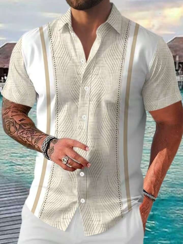 Mens Summer Thin Breathable Beach Striped Print Four-Way Stretch Short Sleeve Floral Shirt - view 7