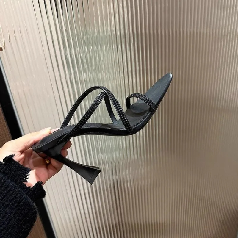 Summer Pointy Toe Thin High Heels Slippers Women Narrow Band Rhinestone Mules Slippers Sexy Crystal Party Shoes Woman 260626 - view 4