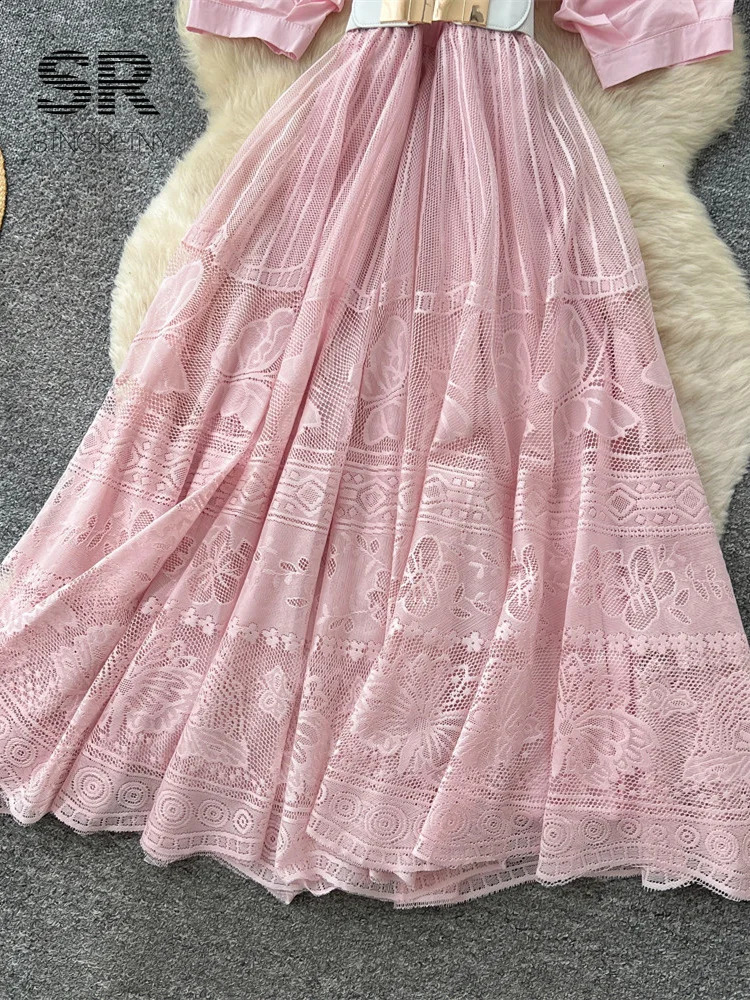 SINGREINY Women Vintage Lace Dress est 2026 Slim French Hollow Out Sashes Patchwork Senior Office Lady Aline Maxi Shirtdress 260625 - view 7