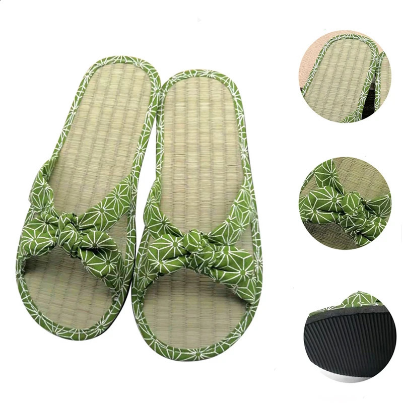 Fashion Women Shoes Sandals Female Straw Mat Slippers Casual Bow Rattan Beach Slippers Home Ladies Flat Flip-flop Slides 260624