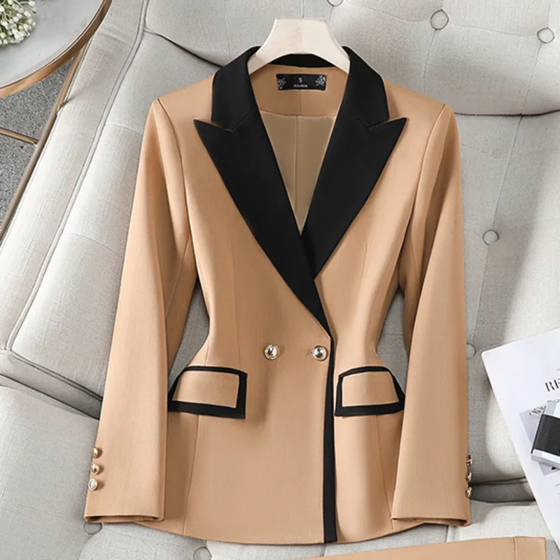 XFPV Office Lady Women Long Sleeves Blazer Autumn Contrast Color Double Breasted Notched Loose Blazers Coat 260626 - view 4
