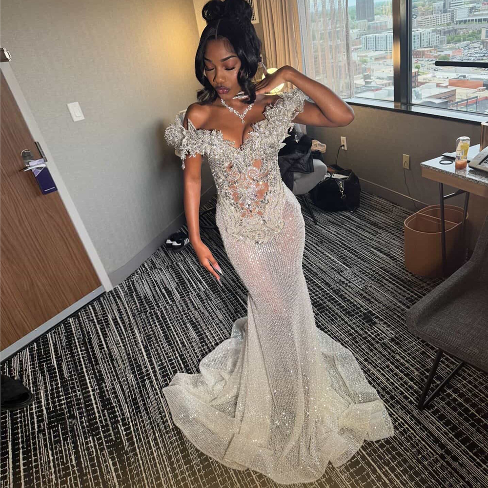 Sliver Beading Prom Dress 2026 For Black Girl Birthday Party Dress Sexy Mermiad Formal Dress