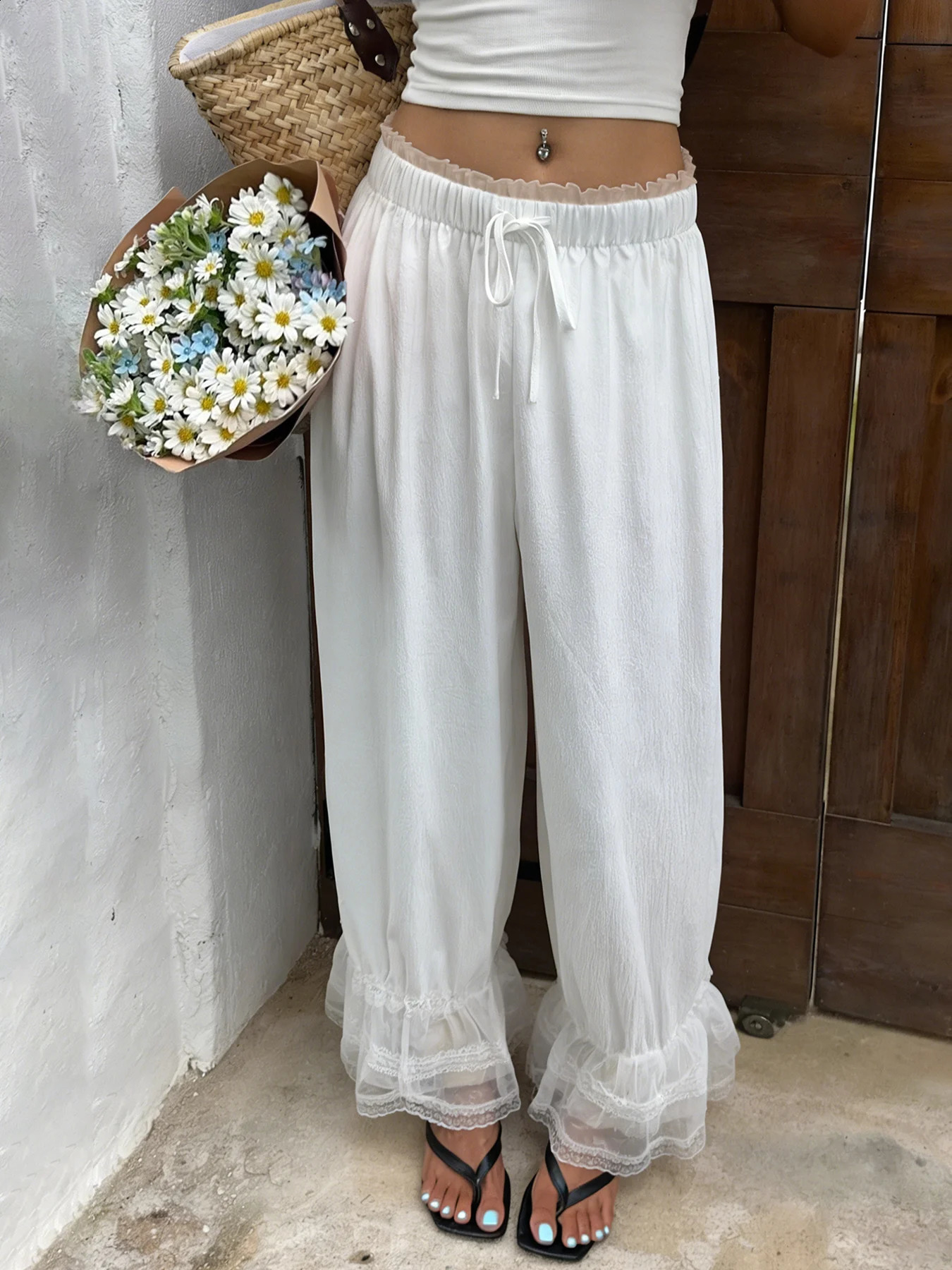 Womens White Lantern Pants Lace Ruffle Hem Drawstring Waist Loose Wide Leg Casual Vacation Beach Spring Summer Trousers 260625