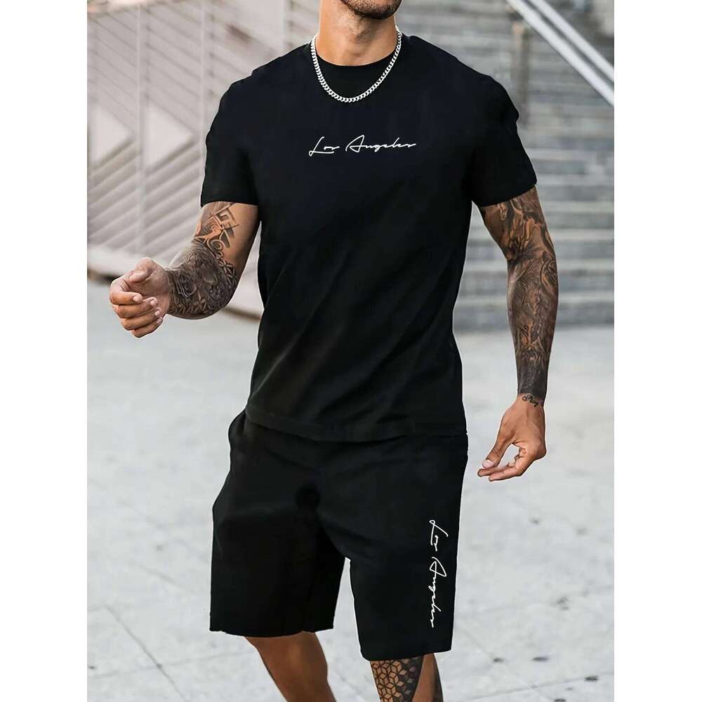 Men's 100 cotton T-shirt casual oversized set, Los Angeles letter pattern print, lightweight and breathable texture 26Y0626 - view 1