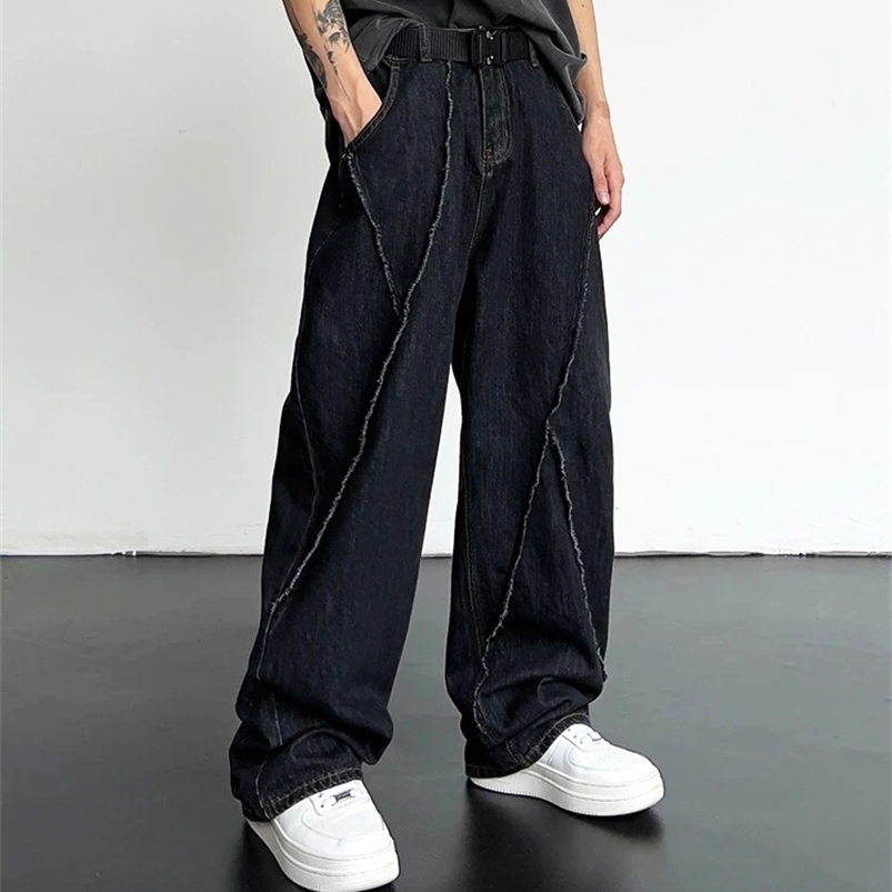 Men HipHop Distressed Jeans Pants Men Ripped Patchwork Denim Pants Male Oversized Loose Casual Streetwear Wide Leg Trousers 260618CJ