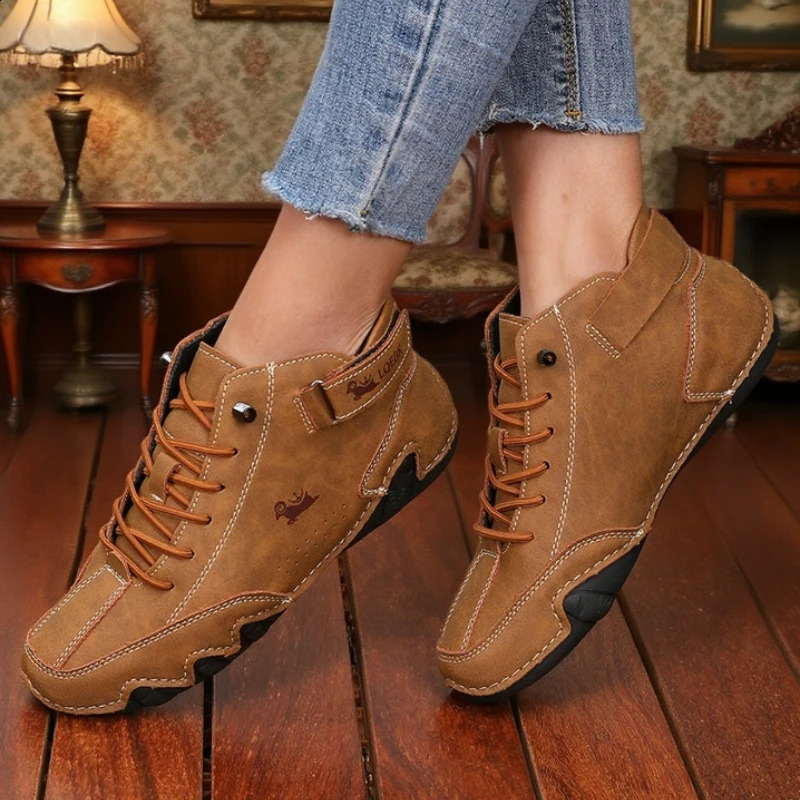Womens Casual Leather High Top Ankle Shoes Unique Stitching Lace Up Walking Anti Slip y Retro Boots 260616 - view 6