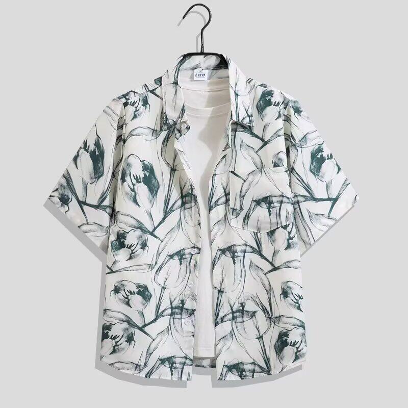 Vintage floral shirt for men and women Hawaiian style casual and stylish loose-fitting couples top beach ice silk shirt - view 7