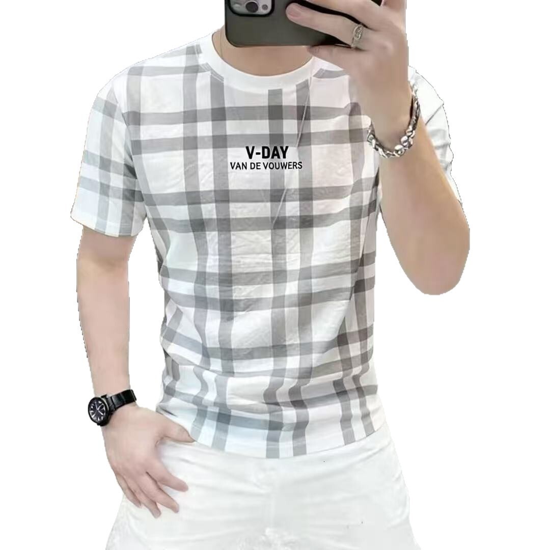 Round-Neck Letter-Print Plaid Short-Sleeve T-Shirt For Men, Trendy Stylish, Versatile Handsome, Moisture-Wicking And Sweat-Absorbing - view 6