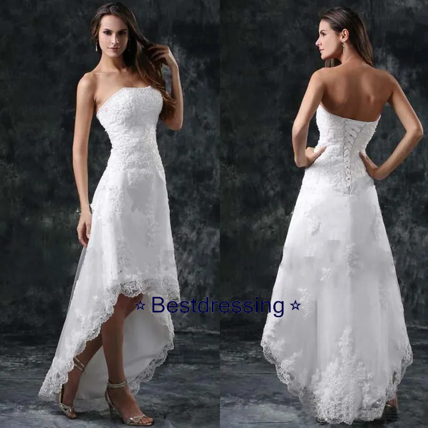 2021 Summer Beach Hi Lo Full A Line Wedding Dresses Strapless Appliques Short Formal Lace Up Back Vestidos Bridal Gowns Bd626