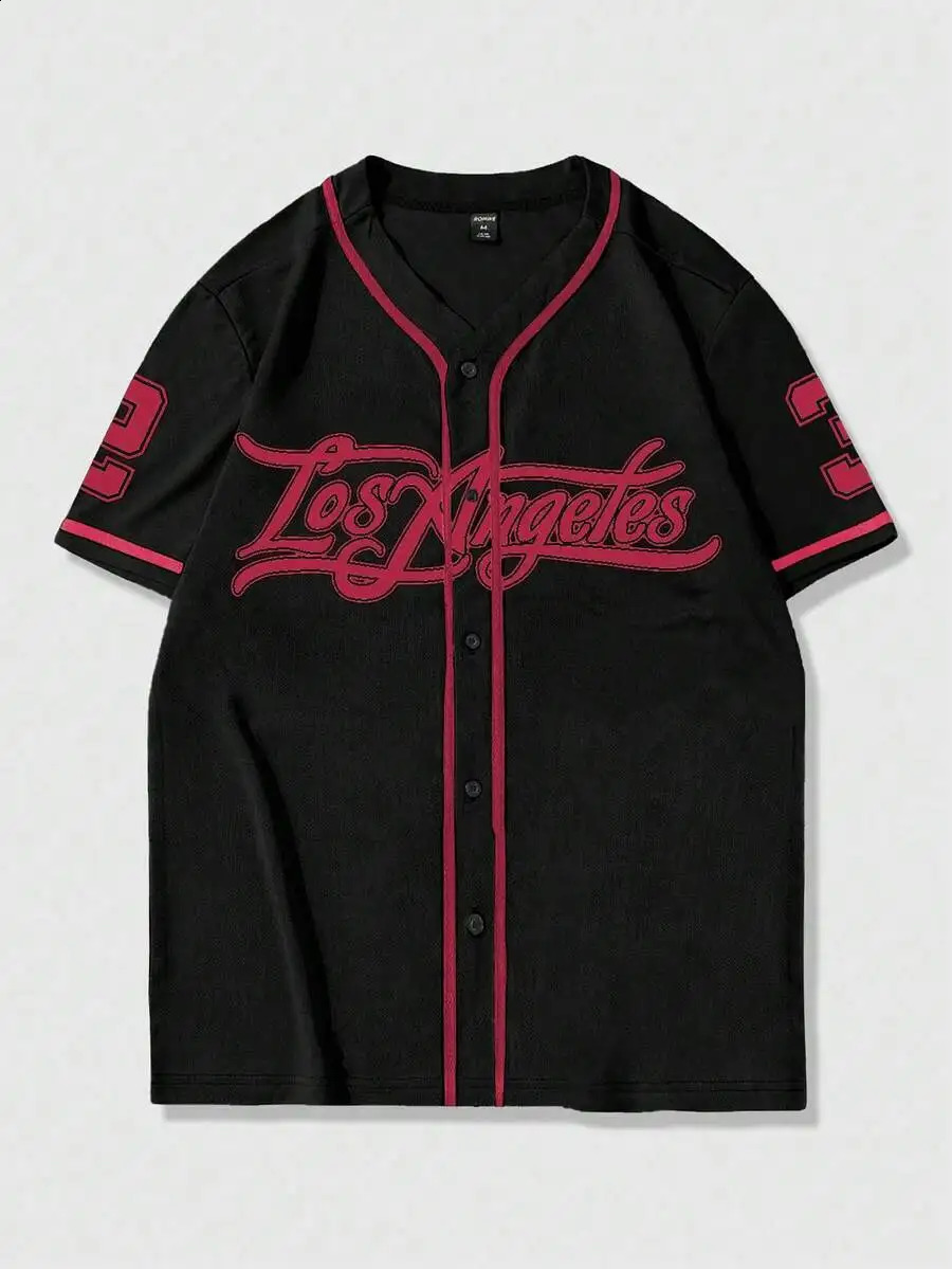 Men White Short Sleeve Baseball Shirt With Contrast Trim And Los Angeles Letter Print Casual Street Style 260626 - view 6