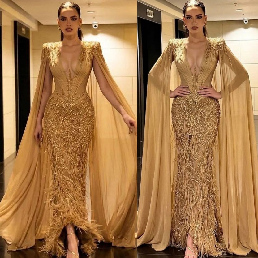 Aso Ebi Gold Mermaid Prom Dress 2026 Evening Dress Deep V-neck Beaded Feather Sequined Birthday Formal Women Pageant Party Gowns Long Dinner Dresses Z