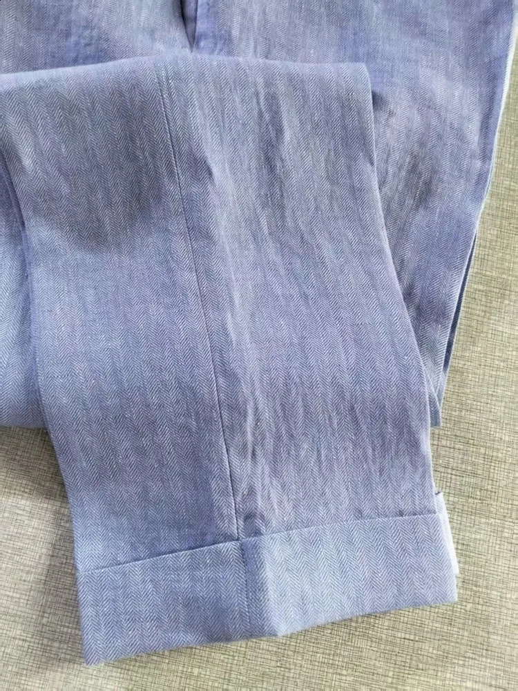 Summer Mens Light Blue Daily Casual Ankle length Trousers Straight Leg Pant Fashion Linen Pants Mid Waist Button Slim Fit 260625 - view 4