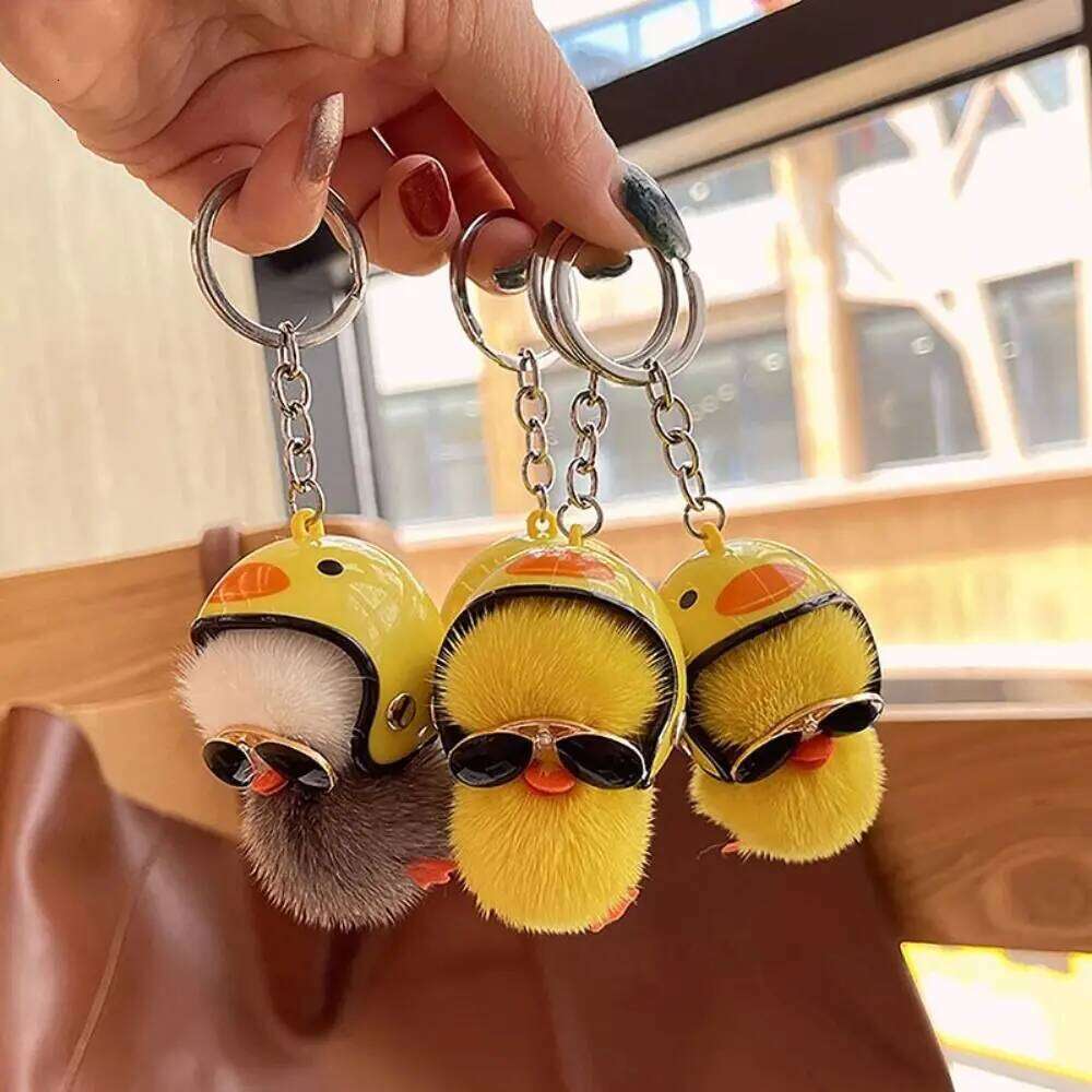 New Women Keychain Creative Unique Mini Yellow Duck Car Key Ring Mink Fur Funny School Bag Pendant 26Y0626 - view 5