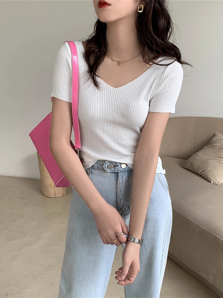 2026 Summer Slim Short Sleeve Bodycon Sweater Basic V-neck Solid Thin Pullover Women Female Knitted Ribbed Sweater 260626 - view 6