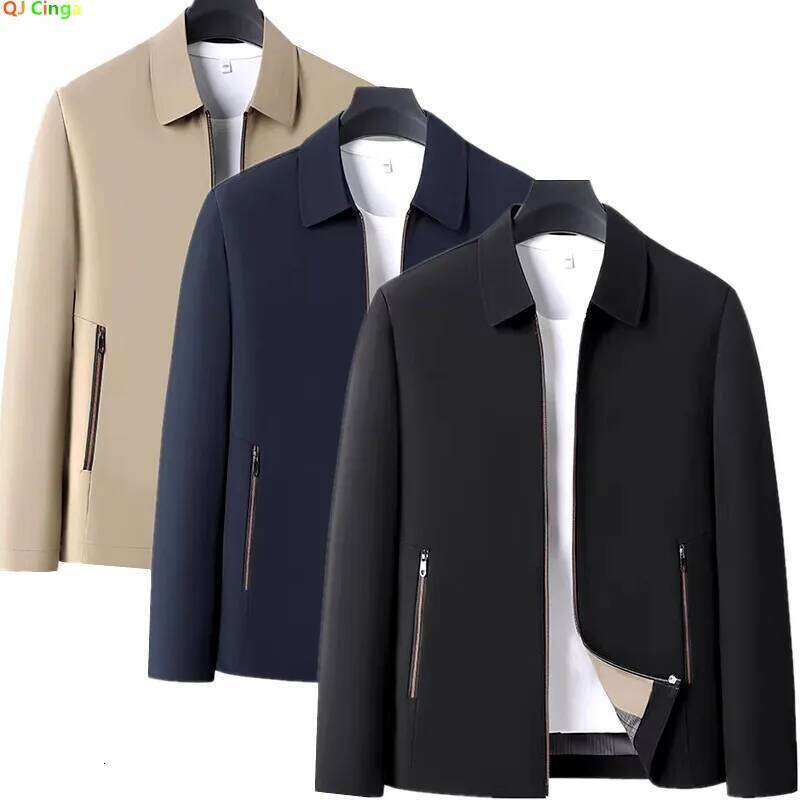 2026 Men's Black Long-sleeve Jacket with A Turn-down Collar, Suitable for Business/casual/executive Wear, Blue and Khaki Coat. W260626