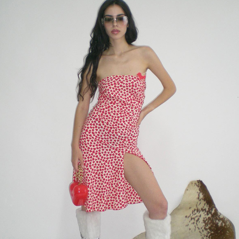 Womens Versatile Mini Dress Womens Retro Strapless Thin Strap Heart Print Slit Slim Fit Casual Short Gown For Women Daily Date Beach Nightclub Outfits - view 4