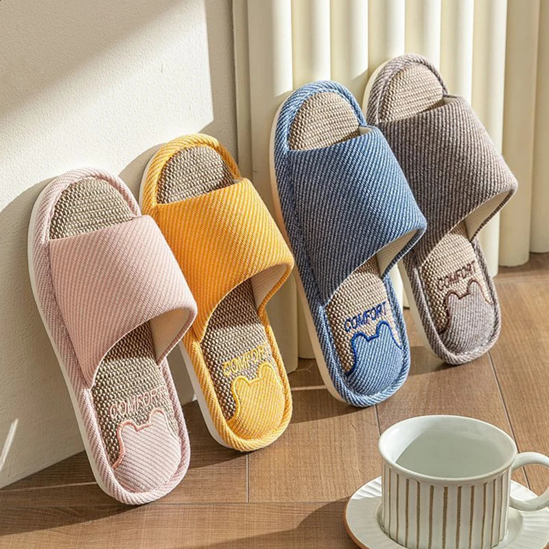 Women Linen Slippers Four Seasons Women Indoor Sandals Adults Cartoon Slides Couples Open toed Breathable Home Shoes 260624