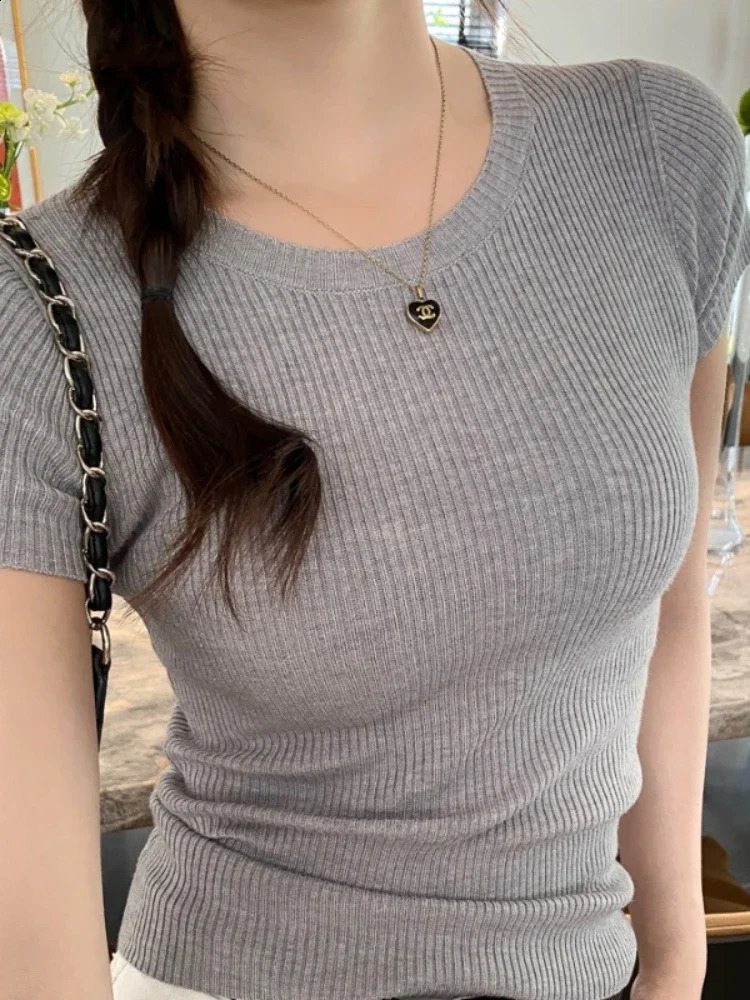 2026 ZJAISS Basic Oneck Solid Thin Summer Pullover Women Female Knitted Ribbed Sweater Slim Short Sleeve Bodycon 260626 - view 3