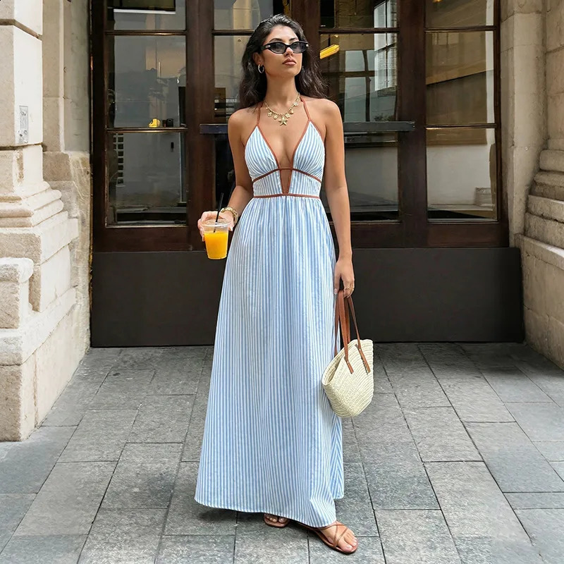 Womens Striped Halter Maxi Dress Deep V Cutout Smocked Back Long Summer Vacation 2026 260625 - view 7