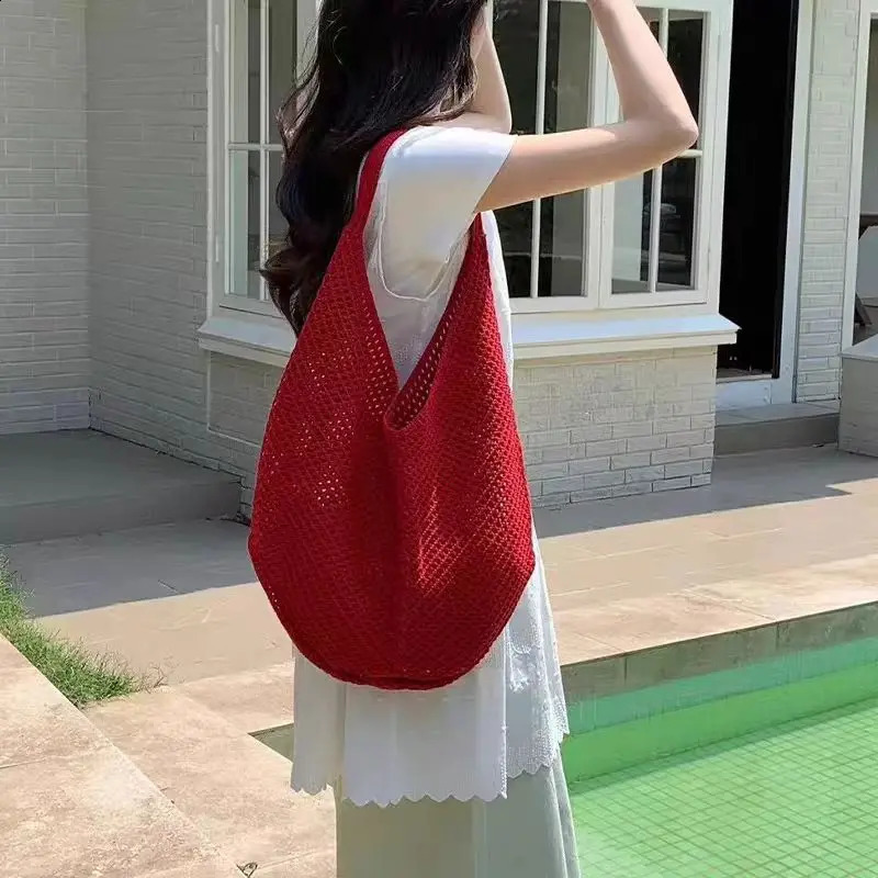 Fashion Womens Hollow Woven Shoulder Bags Large Capacity Knitting Underarm Bag Solid Crochet Tote Handbag Summer Mesh Beach Bag 260626 - view 3