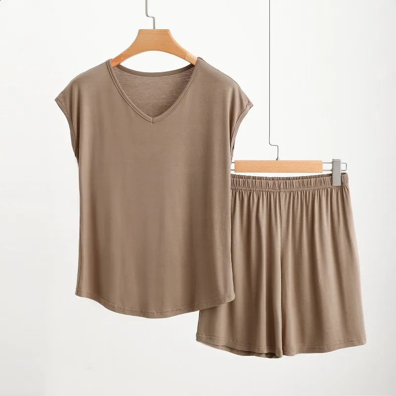 Womens Solid Color Pajamas Set 2026 Summer Thin Short Sleeve TShirt Shorts Sleepwear 2 Piece Casual Breathe Soft Home Wear 260625 - view 5