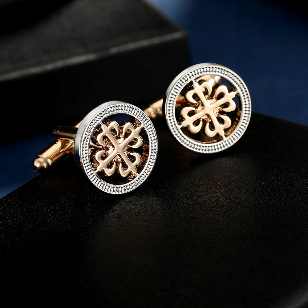 Novelty Two-Tones Hollow Out Flower Pattern Round Cufflinks Golden And Silver Plated Mens Shirt Suit Tuxedo Blouse Sleeve Button 260626 - view 4