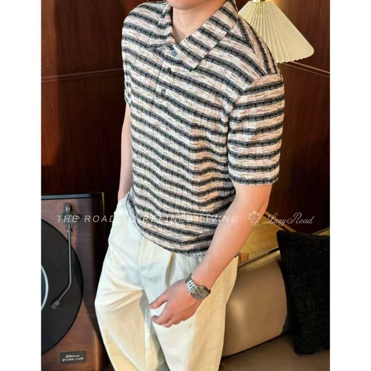 Striped Turn-Down Collar Short-Sleeve Polo Shirt For Men, Summer Versatile Casual Fashion Simple High-End T-Shirt - view 3