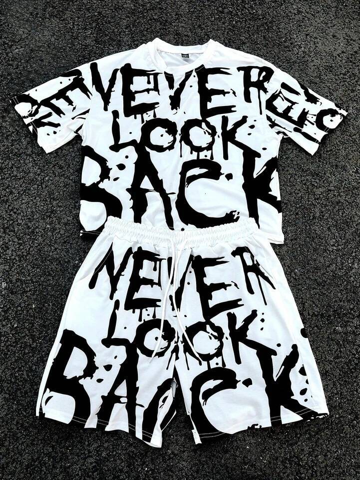T Shirt Shorts 2 Piece Set Fashion Men's Black And White Flower Graphic Print T-Shirt 2-Piece O-Neck Short Sleeve Top Elastic Waist Shorts Set - view 5