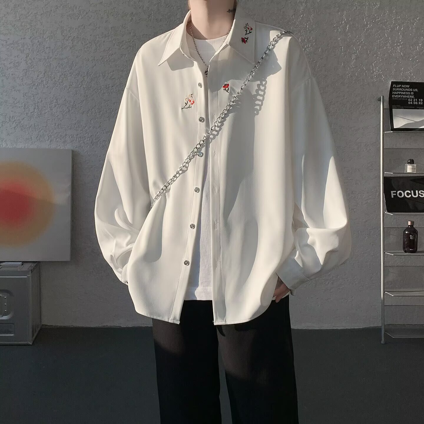 New Chinese-Style Men's White Embroidered Shirt, High-End Stylish, Suitable For Spring, Summer, And Autumn, Long-Sleeved Shirt With A Turn-Down C