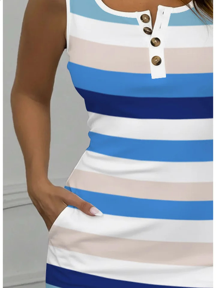 Summer casual and fashionable waist cinched square collar button wide striped sleeveless mid length dress 260625 - view 5