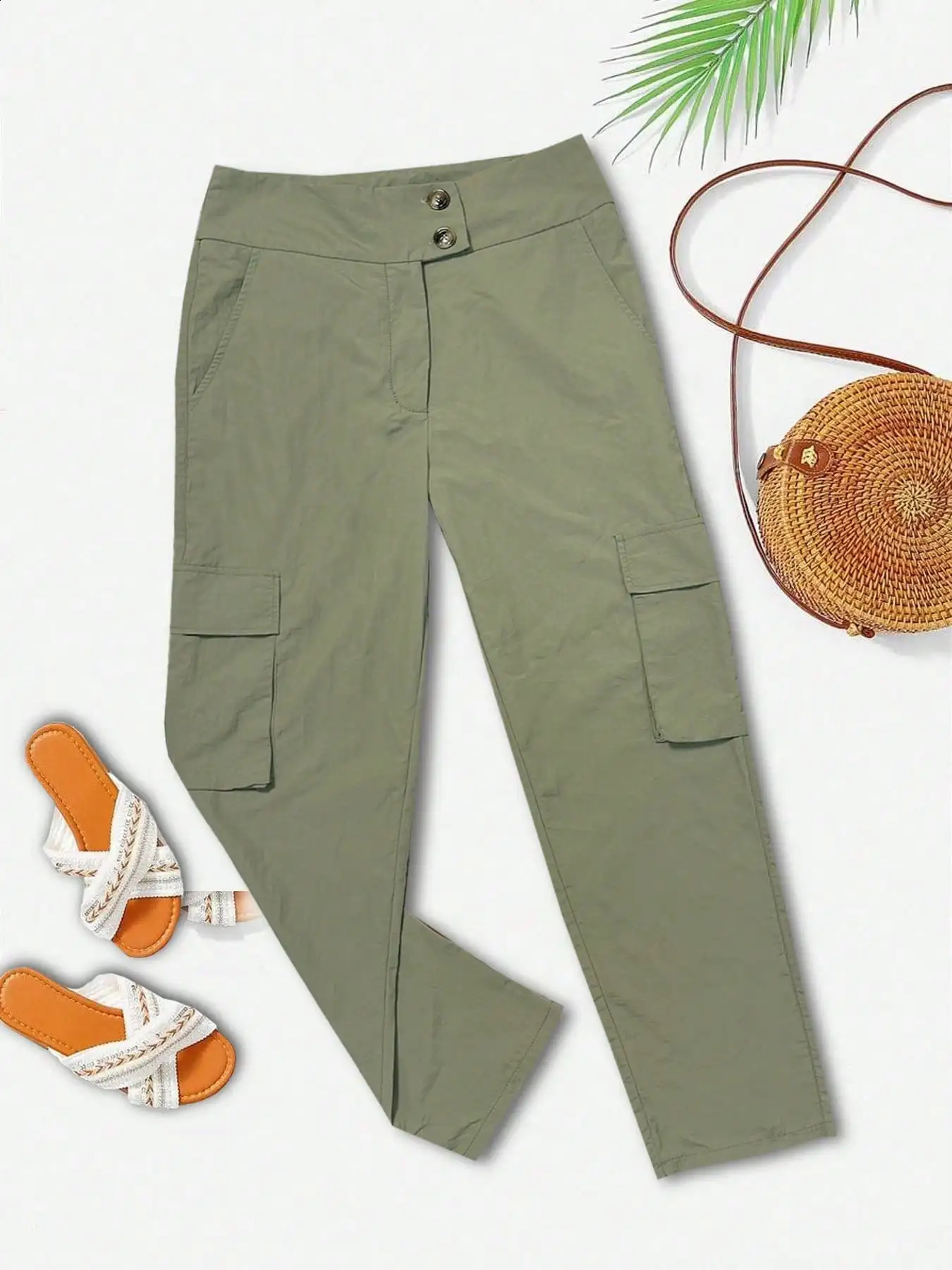 Womens olive green cargo jogging pants highwaisted with double buttons 260625 - view 4