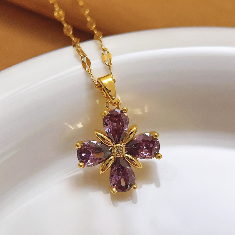 Necklace Titanium Steel Non Fading Versatile Fashion Necklace For Women 18K Gold Plated Micro Inlaid Zircon Four Leaf Clover Light Luxury Purple Colla - view 4
