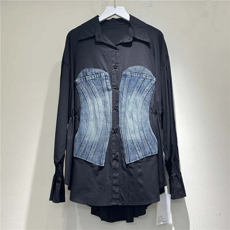 EWQ Korean Fashion Denim Patchwork Long Sleeve Striped Blouse Slim Single Breasted Temperament Women Shirt Spring Autumn 260626 - view 6