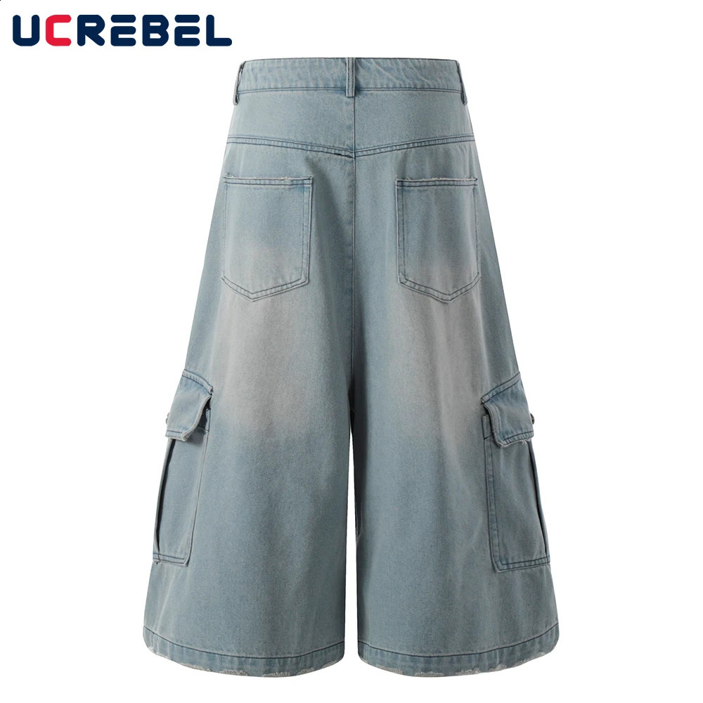 Pocket Pleated Denim Shorts Mens Washed Distressed Summer Retro High Street Loose Wide Leg Short Pants Men 260625 - view 4