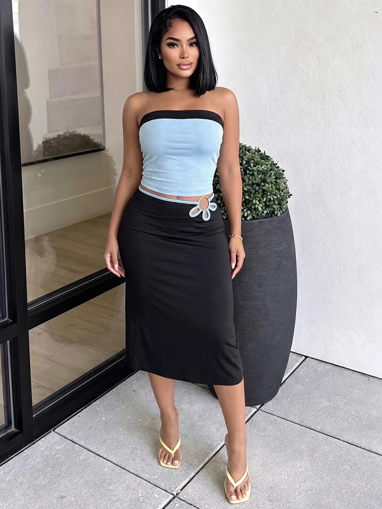 Weird Puss Sexy Vacation 2 Piece Set Women Trend Color Blocking Sleeveless Tank TopMetal Ring Hollow Skirt Fashion Party Suits 260625 - view 3