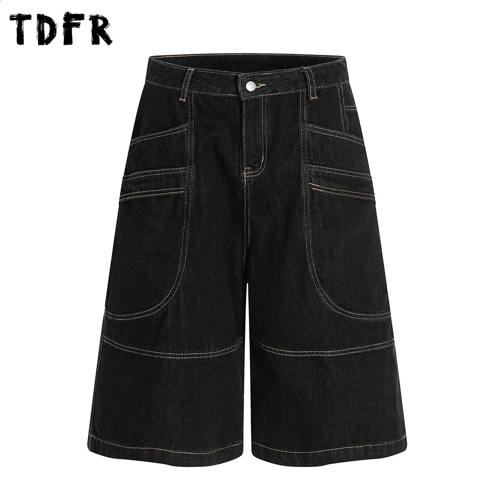 Pocket Denim Shorts Mens Top Stitch Spliced Summer Streetwear Loose Straight Wide Leg Short Jeans Men 260625 - view 4
