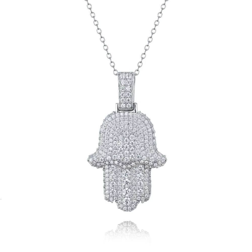 925 Silver Hamsa Pendant Necklace for Women Hip-Hop Style Cubic Moissanite Diamond Gold Rhodium Plated Christian Religious Peace Design - view 4