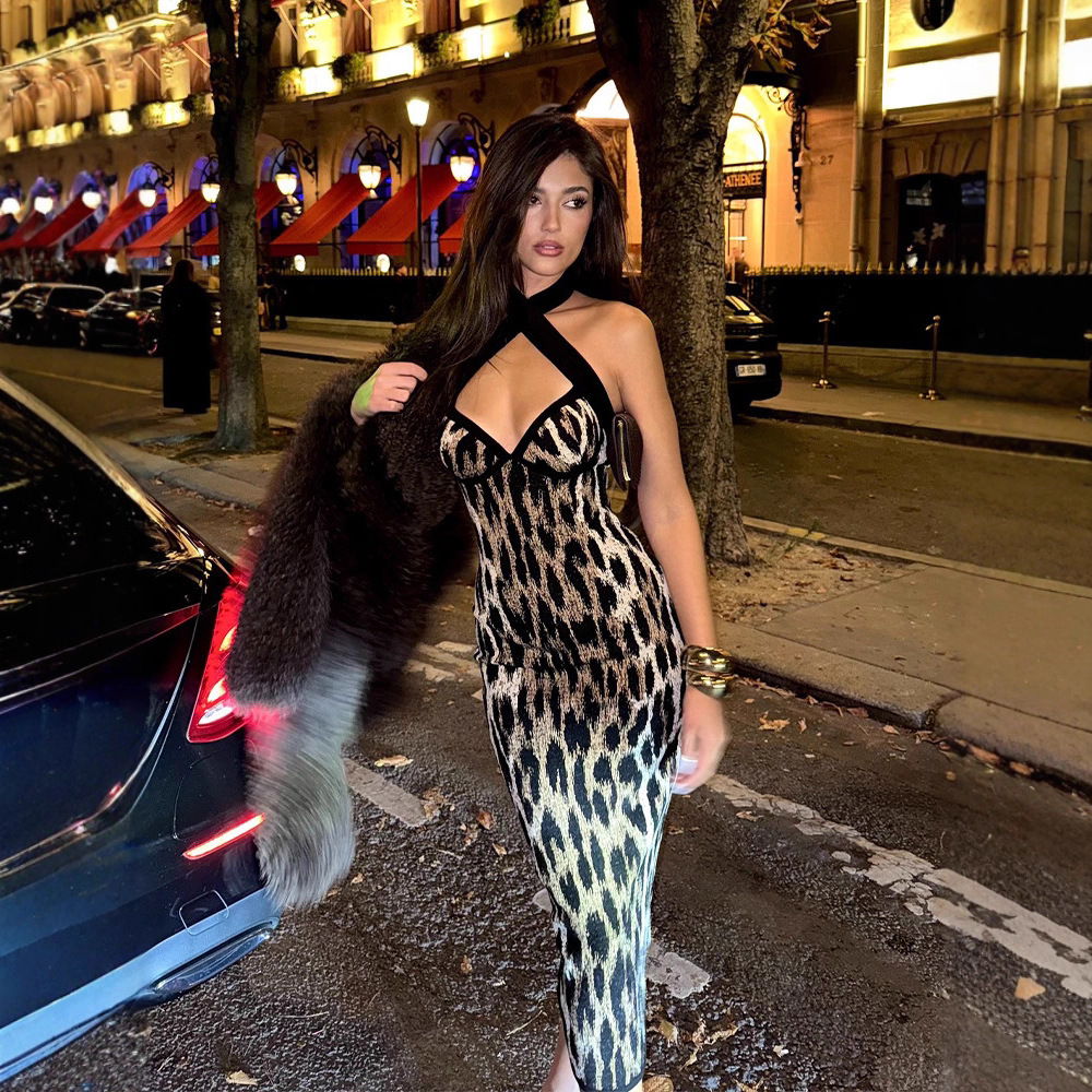 Womens Trend Halter Dress Womens Retro Leopard Print Thin Strap Slim Fit Sexy Mini Gown For Women Daily Summer Street Bar Outfits