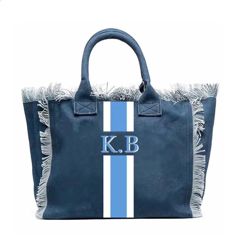 Customizable Personalized Striped Letter Canvas Beach Bag with Fringe Beach fashion Tote for Women handbag 260626 - view 5