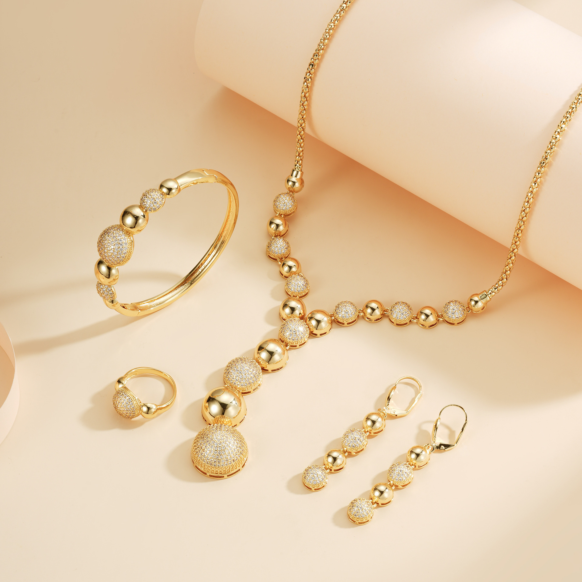 European Light Luxury 4Pcs Zircon Jewelry Set 18K Gold Plated Round Bead Women Necklace Bangle Ring Earrings - view 4